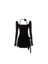 Mess Studio プリーツデザインの長袖黒ワンピース【秋向け・ゆったりシルエット】