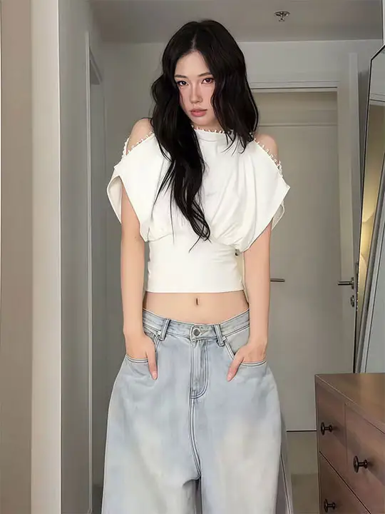 デザイン性のあるオフショルダーウエスト絞りトップス【女性用・ショートスリーブ・個性的なスタイル】