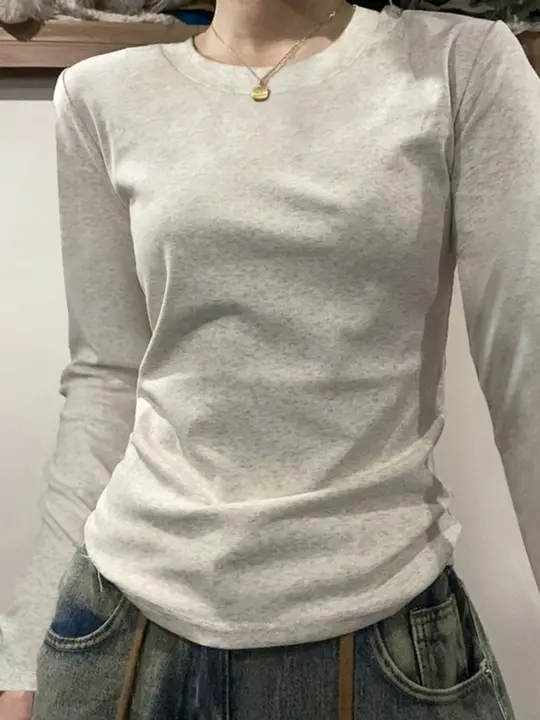 グレー 長袖Tシャツ レディース シンプル ベーシック アメリカンビンテージ スリム フィット 秋冬