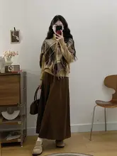 大きいサイズの韓国風コーデ！チェック柄ニットカーディガン＆スカート（セットアップ対応）