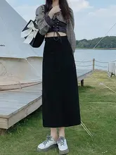 スリット入りデニムスカート【ハイウエスト・Aライン・春秋用・ミディ丈】
