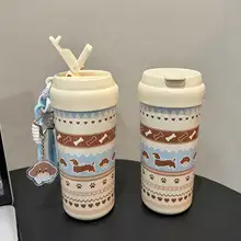 冬の雰囲気たっぷり！フェアアイランド柄 セラミック内蔵ストロー付き保温マグ【女性用・携帯用ギフト】