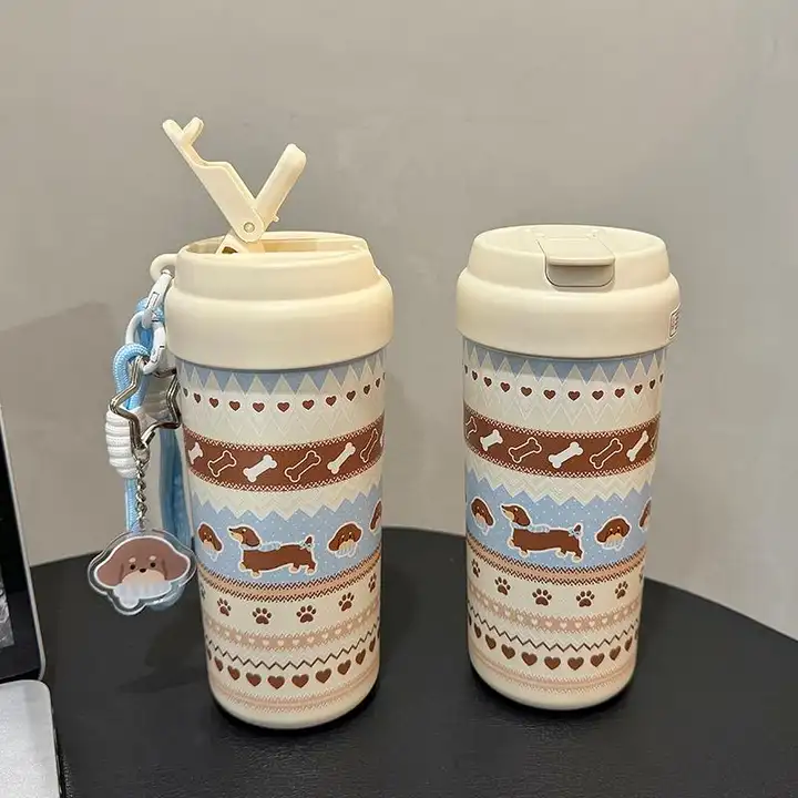 冬の雰囲気たっぷり！フェアアイランド柄 セラミック内蔵ストロー付き保温マグ【女性用・携帯用ギフト】