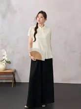 新中式デザインのレース半袖トップス【大きいサイズ・Aライン・パンツスカート・夏用】（セットアップ対応）