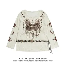春季のスタイル！バタフライプリントのロングスリーブTシャツ【ルーズフィット・ウエストベルト付き】（セットアップ対応）