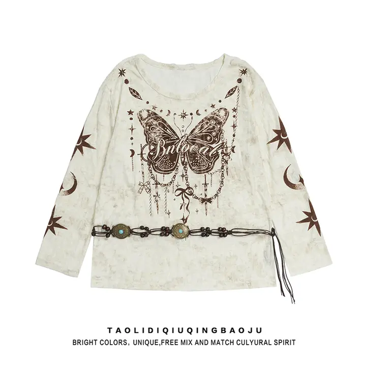 春季のスタイル！バタフライプリントのロングスリーブTシャツ【ルーズフィット・ウエストベルト付き】（セットアップ対応）