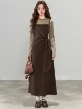 フランス風レトロウエストシャンブレーキャミソールワンピース【夏用・長袖・高級感】（セットアップ対応）