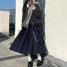 シンプルな色合いの百褶スカート【JK制服風・ロング丈・黒色と紺色】（セットアップ対応）
