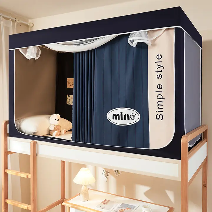 シンプルな男女兼用大学生用蚊帳付きカーテン【一体型・単人用上下二段ベッド用・遮光カーテン】