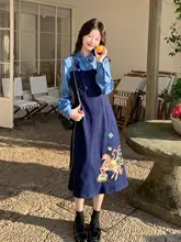 学院風の刺繍入りロングドレス【ファッション・フレンチカラー・ゆったりシルエット】（セットアップ対応）