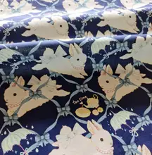 青地にリボン付きウサギ柄のコットン平織り生地【ロリータワンピース用DIY・バッグ用】