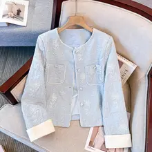 刺繍入りの新中華風 レディースジャケット【春秋用・短丈・ラウンドネック】