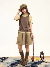 復古デザインの重ね着風キャミソールTシャツ【刺繍・カジュアル・ゆったり】（セットアップ対応）