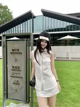 ホワイトシャツ【夏用・ノースリーブ・韓国風・フレアスカート】（セットアップ対応）