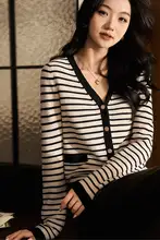 羊毛Vネックストライプ長袖ニットカーディガン【極上の柔らかさ・女性用】