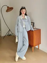 ブルーカラーの翻领カジュアルセットアップ【春秋用・高ストレートパンツ・韓国スタイル】（セットアップ対応）