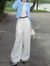 高身長向け 白色プリーツワイドレッグデニムパンツ【ハイウエスト・フィット・ストレート】（セットアップ対応）