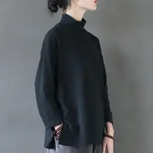 ハイネックTシャツ 女性 カジュアルシーン ニットコットン ゆったり長袖 ブラック バーサタイル
