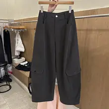 韓国デザインの復古スタイルポケット付きワークパンツ【広めの足幅・女性用・秋用】（セットアップ対応）