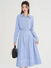 ストライプデザインのシャツワンピース【フレンチスタイル・ウエストシェイプ・ロング丈】（セットアップ対応）