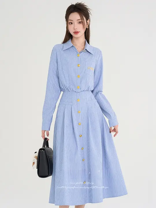 ストライプデザインのシャツワンピース【フレンチスタイル・ウエストシェイプ・ロング丈】（セットアップ対応）
