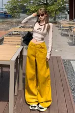 AIG イエロー ワイドレッグ コーデュロイ パンツ【ハイウエスト・スリム効果・トレンドデザイン】