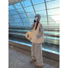 抽绳デザインのスウェットパンツ【灰色・ストレート・ワイドレッグ・女性用】（セットアップ対応）