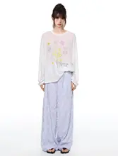 白色印花の薄手透け防晒カーディガン【夏用・ゆったりとしたデザイン・長袖・軽やかなシフォン】