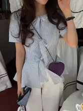 レトロデザインのストライプ半袖シャツ【リボン付き・フリルヘム・夏用】