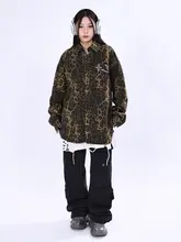 OV 春季用 ヴィンテージ風レオパード柄 ウォッシュドデニムジャケット【ユニセックス・ルーズフィット・カジュアル】