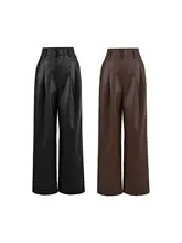高級感ある黒のPU皮製ハイウエストワイドレッグパンツ【フィット・コーディネートしやすい】（セットアップ対応）