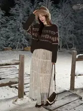 雪花柄ニットセーター【ゆったりとしたレトロスタイル・仮牛毛・秋冬用】