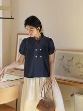 洗い加工デニムダブルボタンダウンショートスリーブシャツ【フロントプリーツ・ネイビートーン】