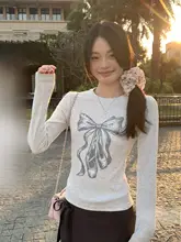 Tシャツ レディース ライトグレー 丸首 蝶結び柄 スリム 短丈 インナー 秋
