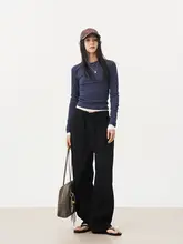 個性的なドローストリング付きデニムパンツ【ゆったりとしたブラックワイドレッグ・カジュアルロングパンツ】