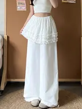 白色 フリルディテールのパンツ【夏用・束脚・甘いデザイン・小柄対応・広がったシルエット】