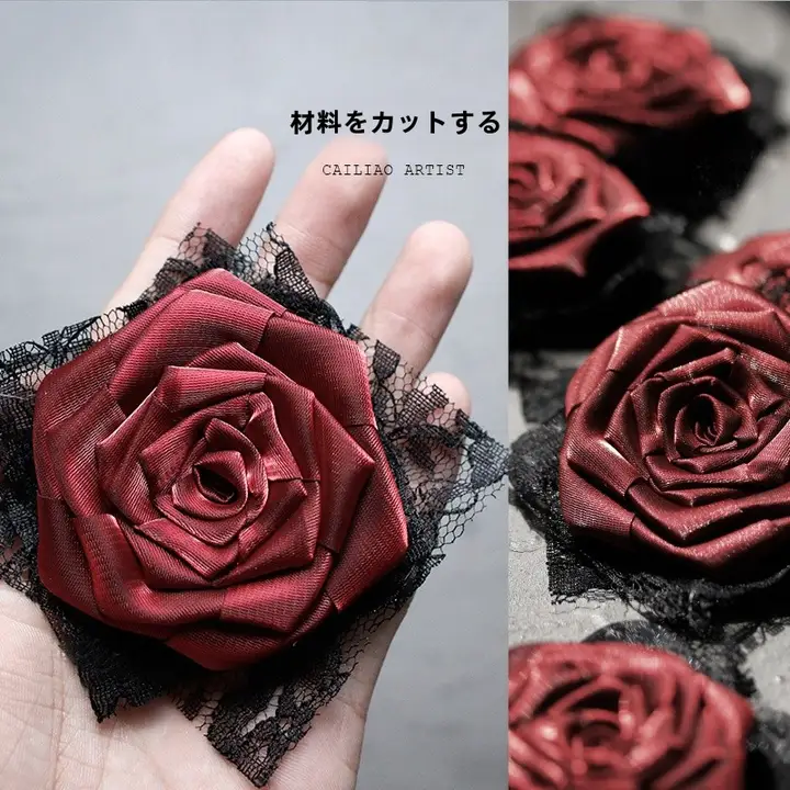 立体布製ローズヘッドドレス【ビンテージ風・深紅・装飾用】