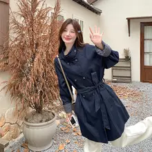 チェック柄デザインのデニムトレンチコート【春秋用・女性用・ショート丈】