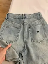 リボン刺繍デニムショートパンツ【ハイウエスト・ストレートレッグ・女性用】