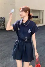 深い青色の刺繍入りオーバーオール風つなぎ服【ウエストシェイプ・ワイドレッグ・小柄向け】