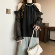 大きいサイズ フレンチスタイル ノースリーブ長袖ブラウス【春用・シフォン・オフショルダー】