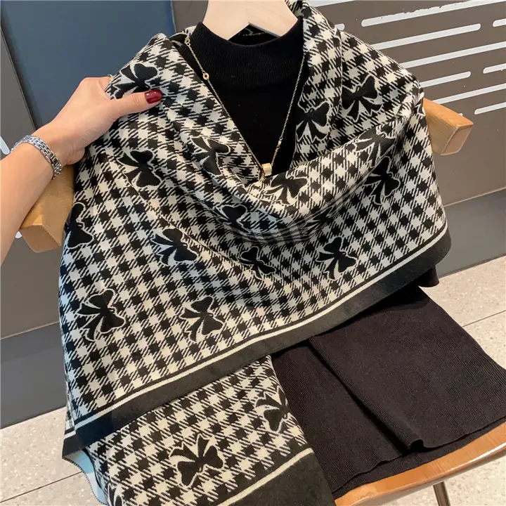 リボンデザインのふわふわアクリルショール【秋冬用・厚手・ロングタイプ】