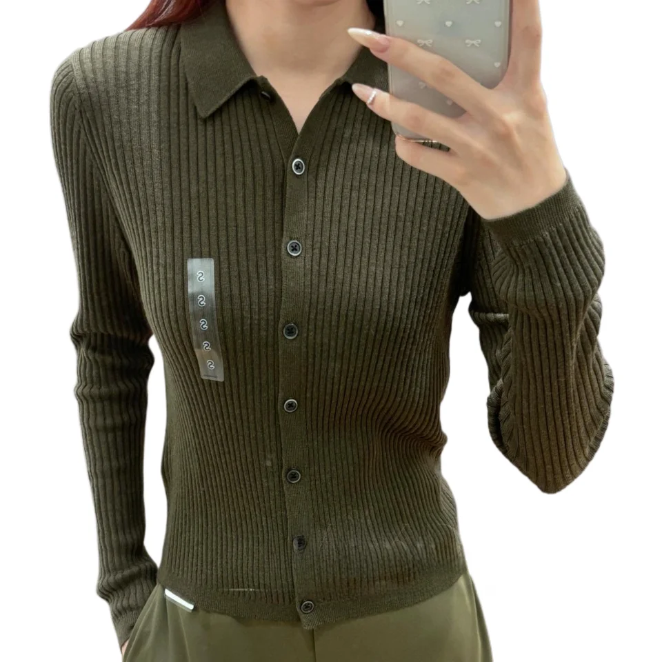 ポロ襟リブ編みニットカーディガン【長袖・無地・女性用】