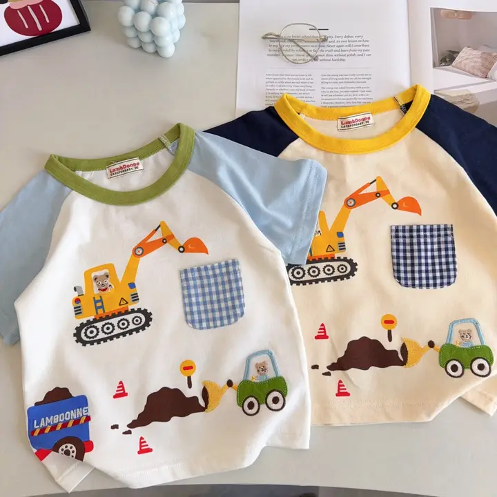 かわいい掘削機デザインの男の子用薄手半袖Tシャツ【春用・子供用】
