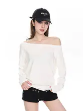レディースオフショルダー長袖Tシャツ【秋用・シンプルデザイン・斜め肩】