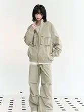 セットアップ レディース ワーク スタンドカラー ジャケット 膝タック ワイドパンツ カジュアル 春 秋