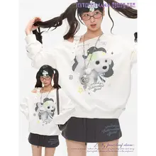 可愛い四葉のクローバーと犬のデザイン！調節可能なショルダーストラップの白いスウェットシャツ【秋用】