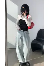 レディースウォッシュ加工デニムパンツ【ルーズフィット・浅い青・バナナカーブデザイン】（セットアップ対応）