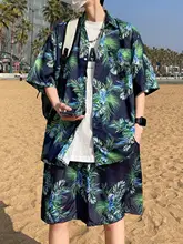 リゾートスタイル メンズ 半袖花柄シャツとショートパンツ【海辺の休日・速乾性・涼感】（セットアップ対応）