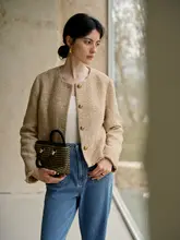 粗花ニット素材のショートジャケット【春季・ラウンドネック・上品な質感】